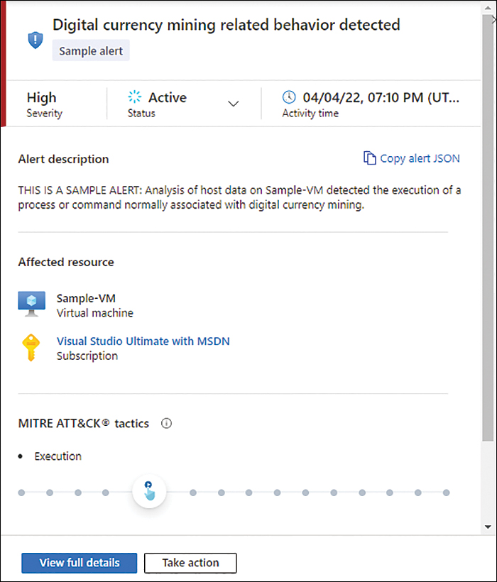 This is a screenshot of the Alert Details page, which shows more information about the alert, including the Alert Description, Affected Resource, and MITRE ATT&CK Tactics.