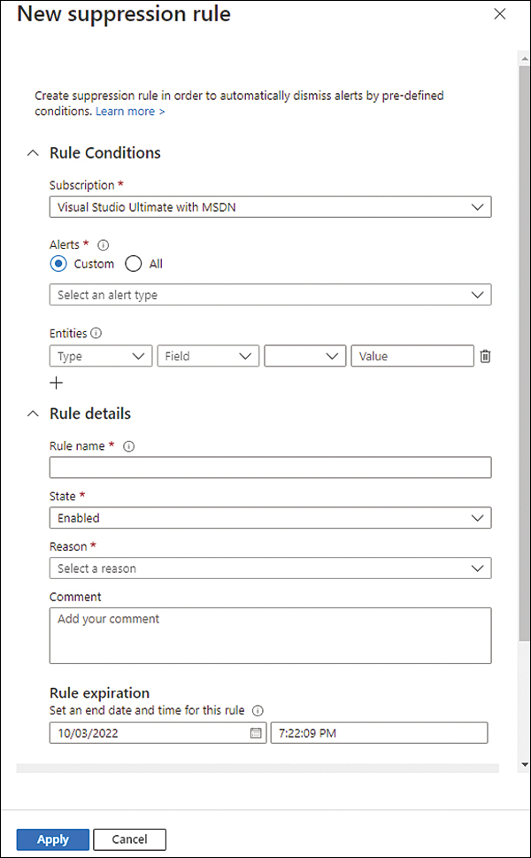 This is a screenshot of the New Suppression Rule blade with the options available to customize your alert suppression rule, including Rule Conditions, Rule Details, and Rule Expiration.