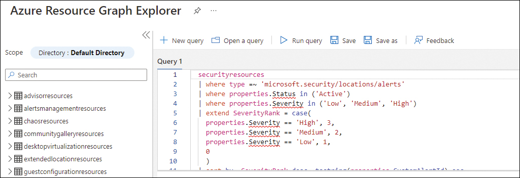 This is a screenshot of the Azure Resource Graph Explorer with a query that matches the visualization that was configured in the Security Alerts dashboard.