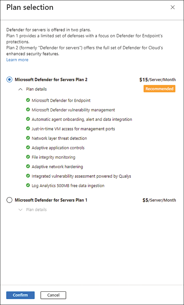 This is a screenshot of the Plan Selection page, where you can select which Defender For Server plan you want to use. The options available are Microsoft Defender For Servers P1 or Microsoft Defender For Servers P2. 