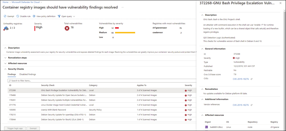 This is a screenshot of the Vulnerability Assessment created by Defender for Containers as a security recommendation.