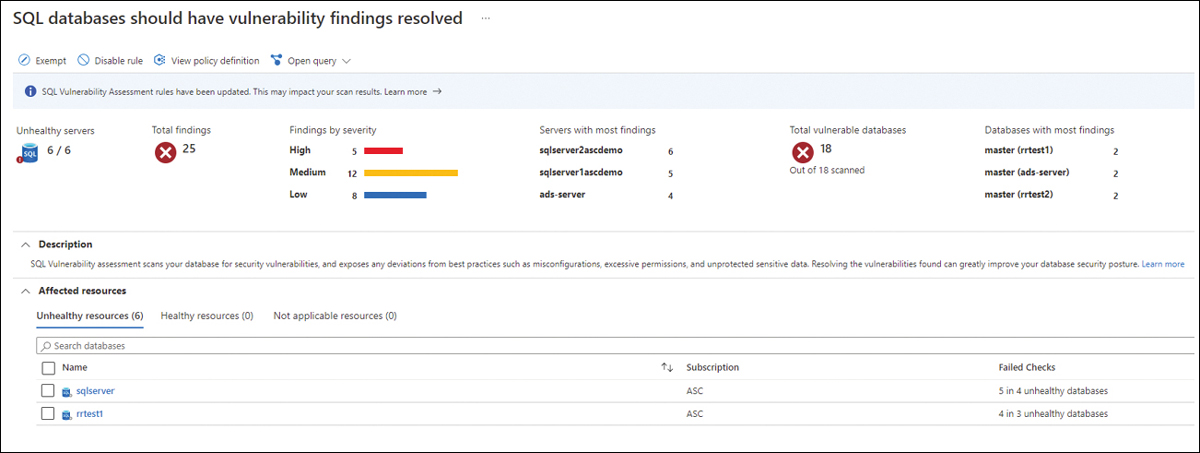 This is a screenshot of the SQL databases that should have vulnerability findings resolved.