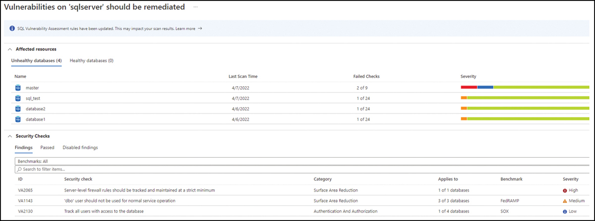 This is a screenshot that shows a list of the affected databases from the selected server, including a list of security checks that must be addressed.