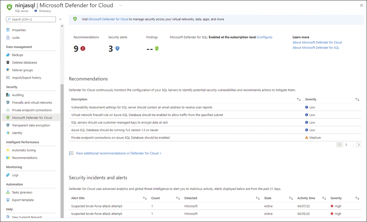 This is a screenshot of the database dashboard with the Microsoft Defender For Cloud option selected and the consolidated view of all security-related items for the database.