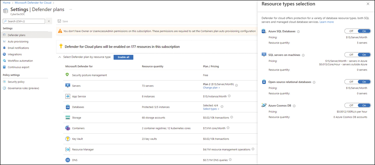 This is a screenshot of the Defender Plans page with the Resource Types selection blade, which is open for you to select the database plan that you want to enable.