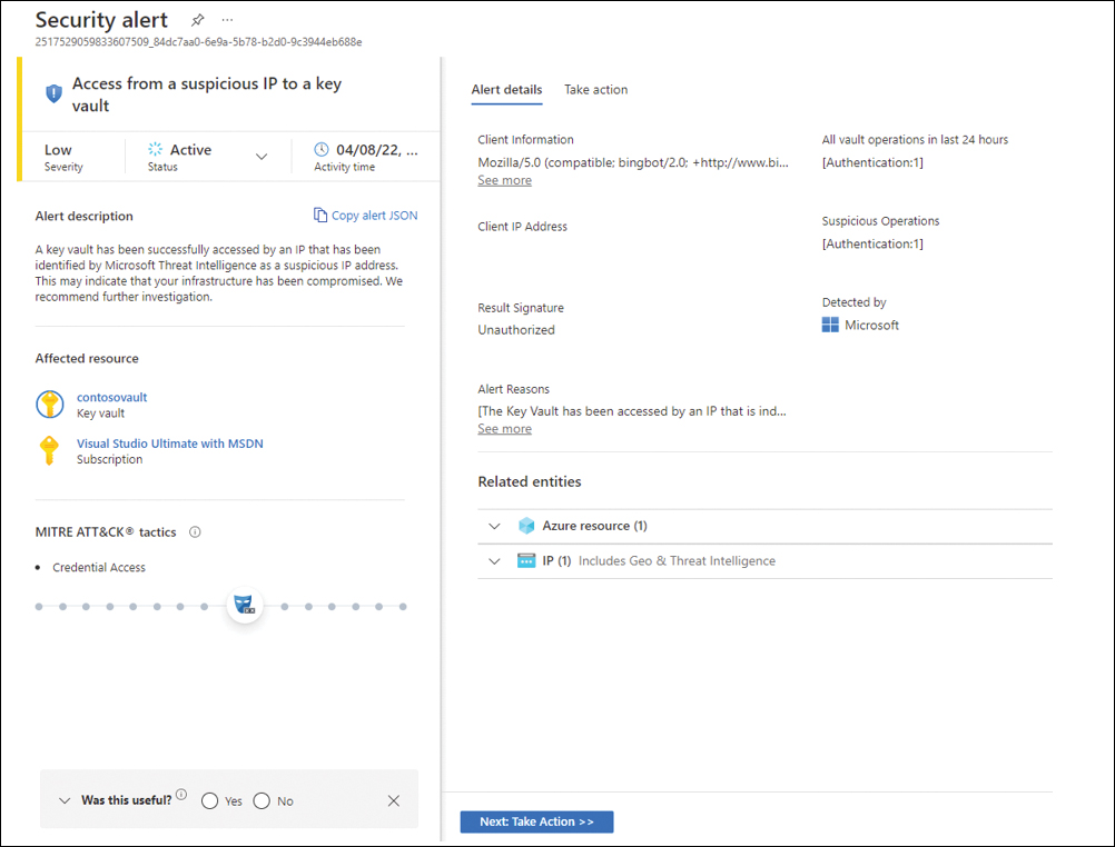 This is a screenshot of the Access From A Suspicious IP To A Key Vault alert generated by Defender for Key Vault. 