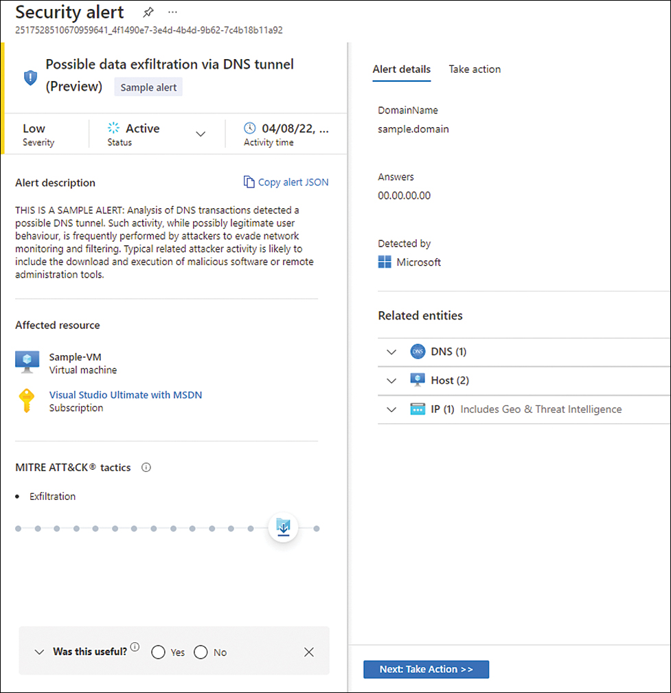 This is a screenshot of the Possible Data Exfiltration Via DNS Tunnel (Preview), which is generated by Defender for DNS. 