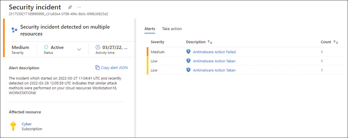 This is a screenshot of a Security Incident that contains multiple alerts that are correlated.