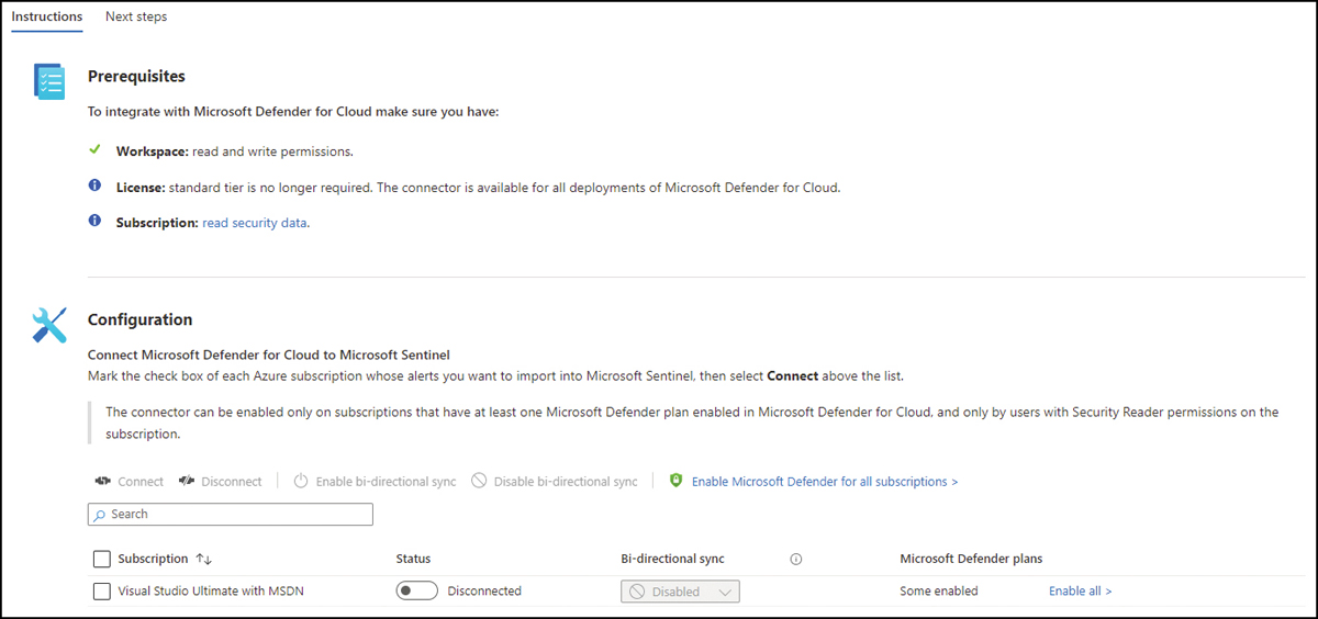 This is a screenshot of the Instructions tab with an overview of the prerequisites and the options to configure the connector. The tab is split into two sections: Prerequisites and Configuration.