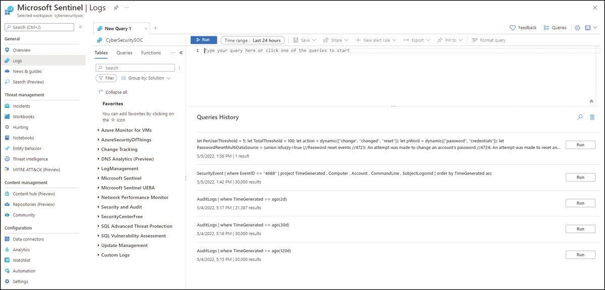 This is a screenshot of the log analytics search page with the option to type a new query..