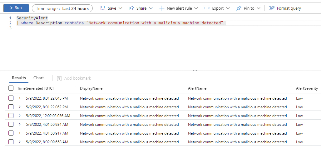 This is a screenshot of the log search page with the result of a Kusto Query for a Security Event that contains the word “powershell.”