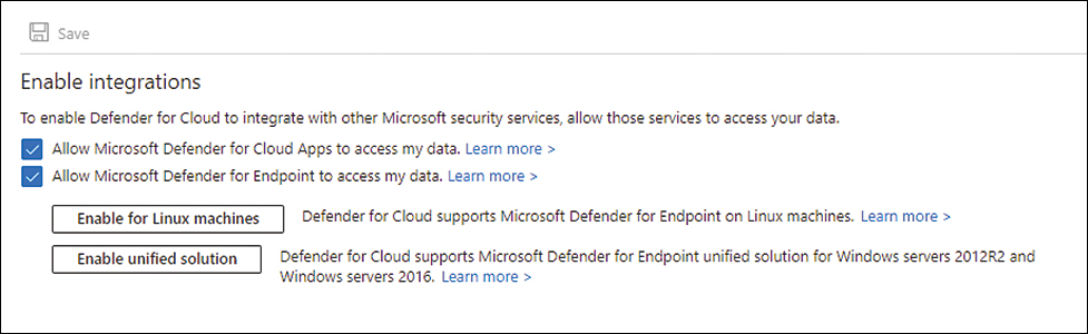 This is a screenshot of the Enable Integration section, where you can disable MDE integration in Defender for Cloud. Both Allow Microsoft Defender For Cloud Apps To Access My Data and Allow Microsoft Defender For Endpoint To Access My Data are selected. Below those settings are two buttons: Enable For Linux Machines and Enable Unified Solution.