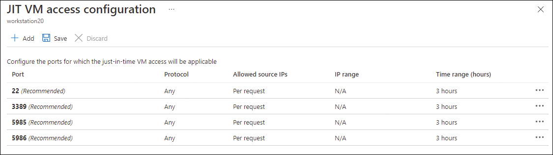 This screenshot shows the JIT VM Access Configuration where you can configure the ports that will be allowed access.