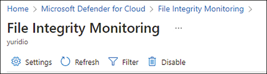 This screenshot shows the File Integrity Monitoring main page and the Settings button. Clicking this button allows you to customize the configuration.