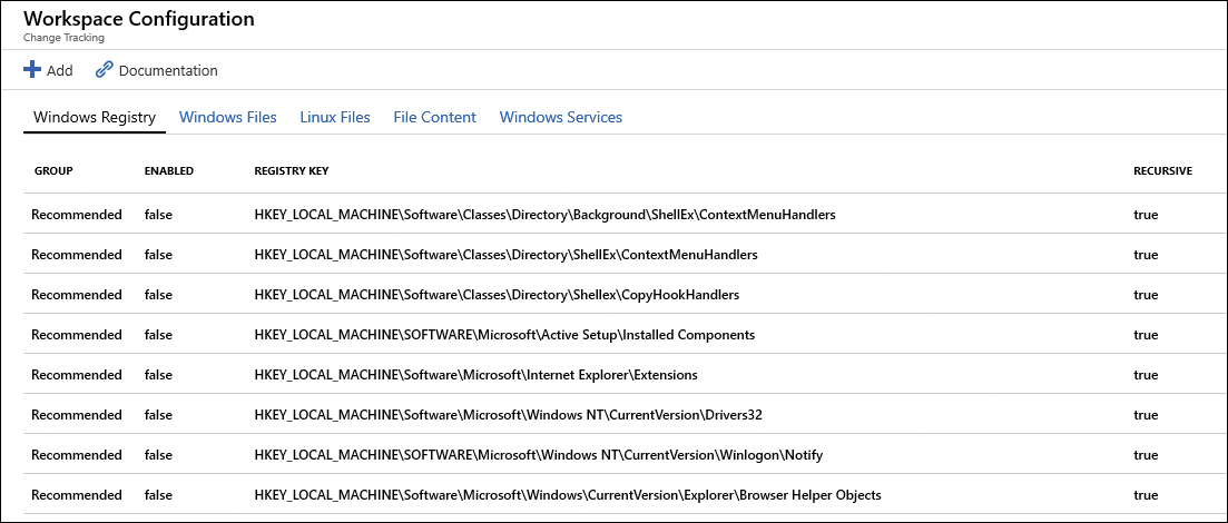 This screenshot shows the Workspace Configuration page, which is organized with the following tabs: Windows Registry, Windows Files, Linux Files, File Content, and Windows Services.