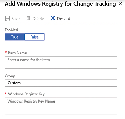 This screenshot shows the Add Windows Registry For Change Tracking page and the options to configure a new key to monitor.