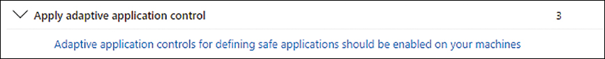 This screenshot shows the recommendation to enable the Adaptive Application Control triggered in Defender for Cloud.