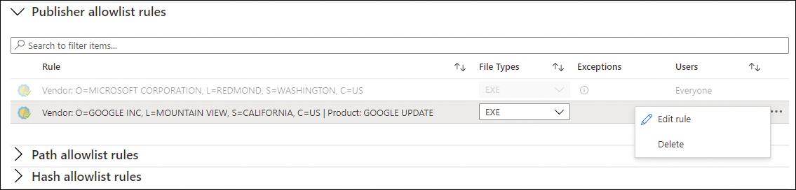 This screenshot shows the Publisher Allowlist rules section. The ellipsis next to one of the rules has been clicked, which results in a pop-up menu containing the Edit Rule and Delete options.