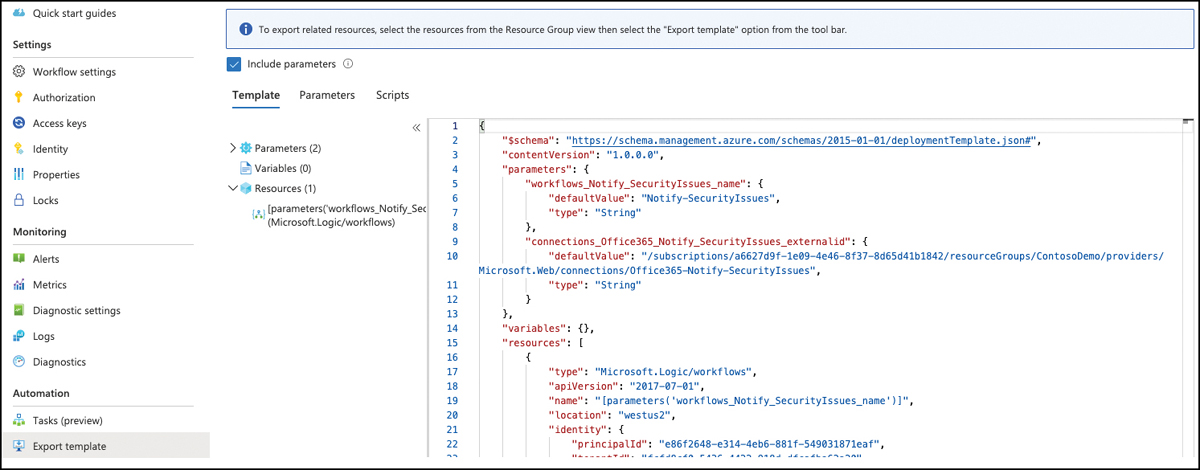 This screenshot shows the Export template option in the left tool bar of Azure portal. The main screen shows the top of an ARM template that has been created based on the resource selection. It shows the parameters and resources sections of a Logic App workflow.