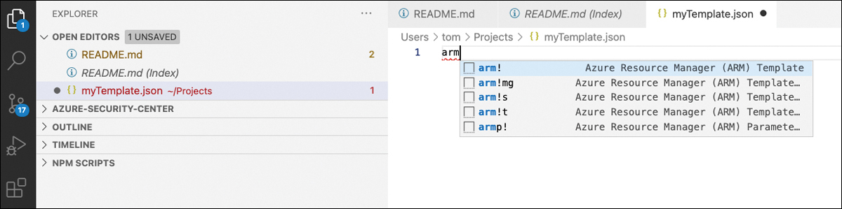 This screenshot shows Visual Studio Code's editor. After storing a document as a *.json file, when entering arm in the editor, it will open a context menu from which you can select arm! to start a new template.