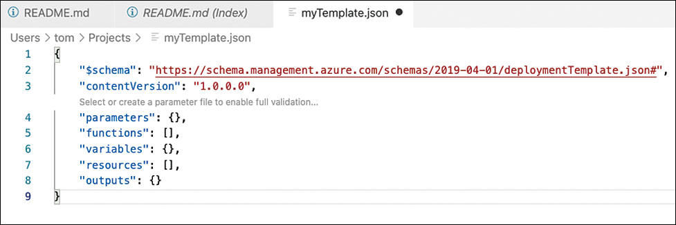 This screenshot shows an empty ARM template structure that has been created by running the arm! command in the code section. The template structure contains schema, contentVersion, parameters, funtions, variables, resources, and outputs sections.