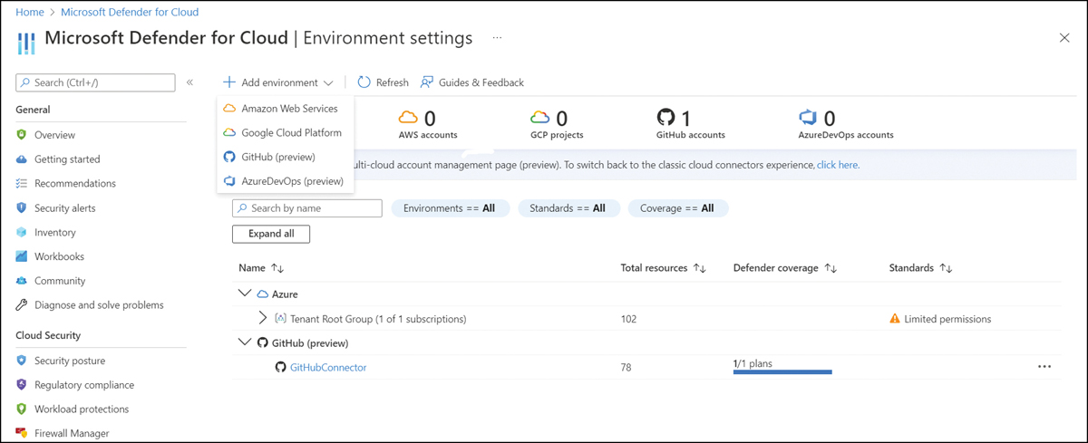 This is a screenshot of the Defender for DevOps dashboard with the option to add a new environment to monitor.