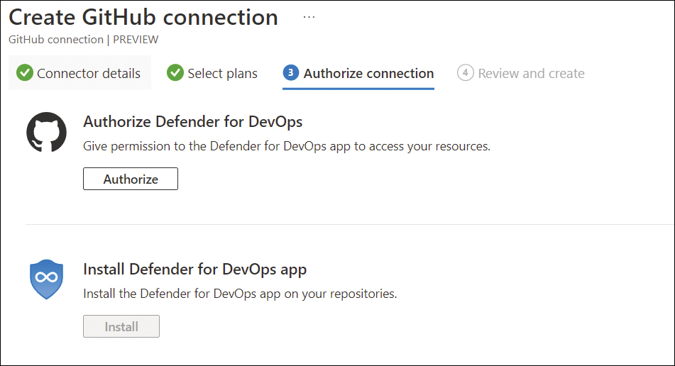 This is a screenshot of the Authorize Connection tab. Below Authorize Defender For DevOps is an Authorize button.