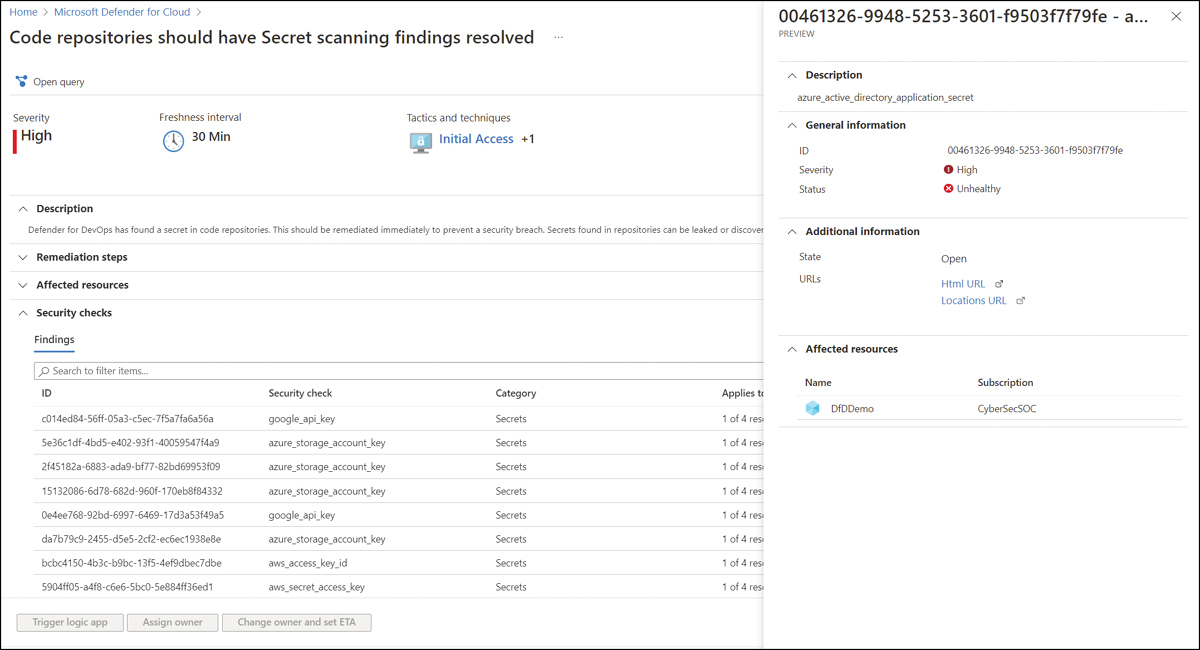 This is a screenshot of the Defender for DevOps recommendation surfaced in the Defender for Cloud dashboard.