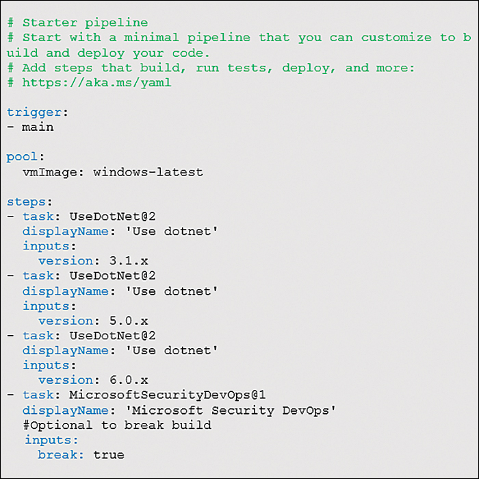 This screenshot shows the sample code for how to create a new pipeline in Azure DevOps.