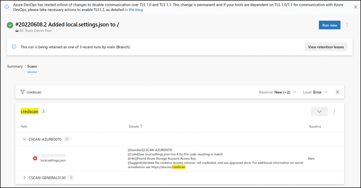 This is a screenshot of Azure DevOps with the results filtered for Credential Scanner.