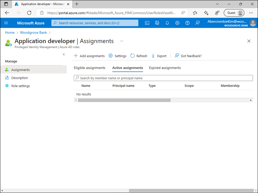 A screenshot shows the Azure portal, Assignments page for the Application developer role. Three tabs are shown: Eligible assignments, Active assignments, and Expired assignments. The Active assignments tab is selected in the screenshot. There are no assignments listed. At the top of the page, the Add assignments button is shown.