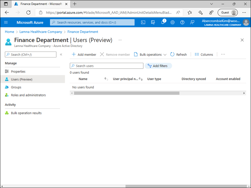 A screenshot shows the Azure portal, Administrative unit page. Options on the left are Properties, Users (Preview), Groups, and Roles and administrators.