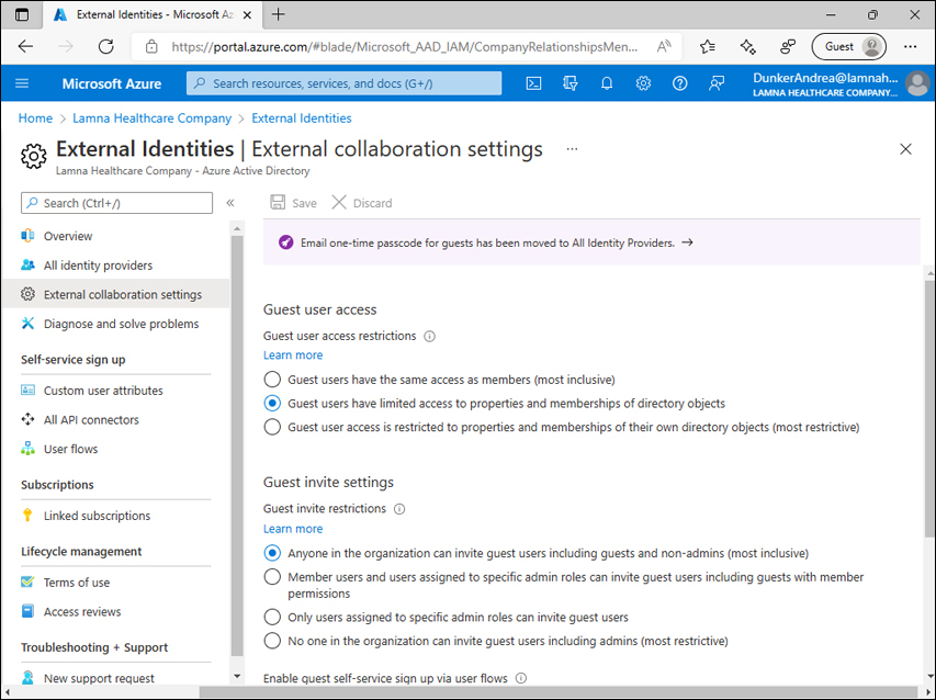 A screenshot shows the Azure portal, External collaboration settings page, with the Guest user access restrictions and Guest invite restrictions controls shown. Default options are selected: Guest users have limited access to properties and memberships of directory objects and Anyone in the organization can invite guest users including guests and non-admins (most inclusive).