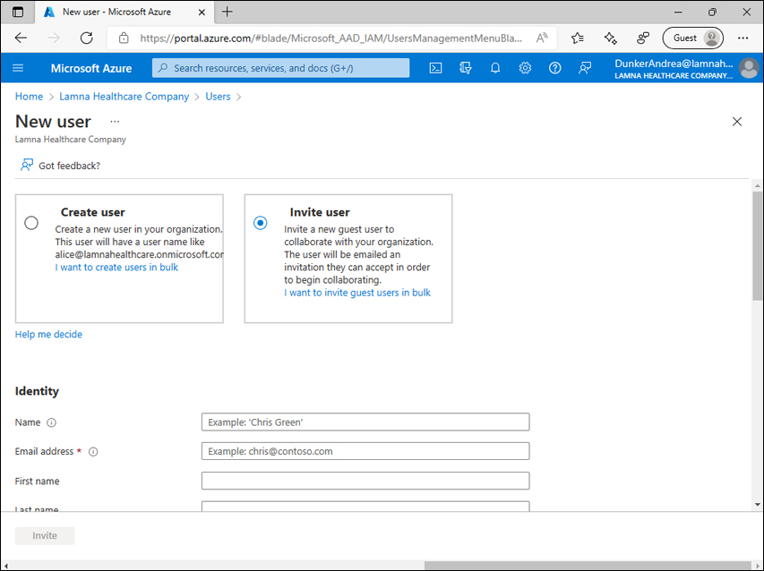 A screenshot shows the Azure portal, New user page. The Invite user option is selected.