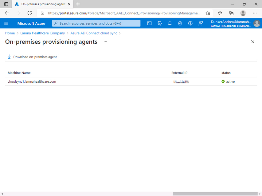 A screenshot of the Azure portal, On-premises provisioning agents page. One agent is listed: cloudsync1.lamnahealthcare.com.