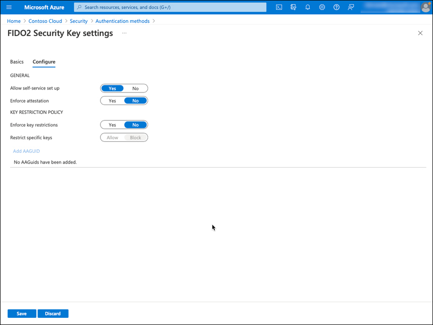 A screenshot shows Azure AD FIDO2 Security Key configuration options.