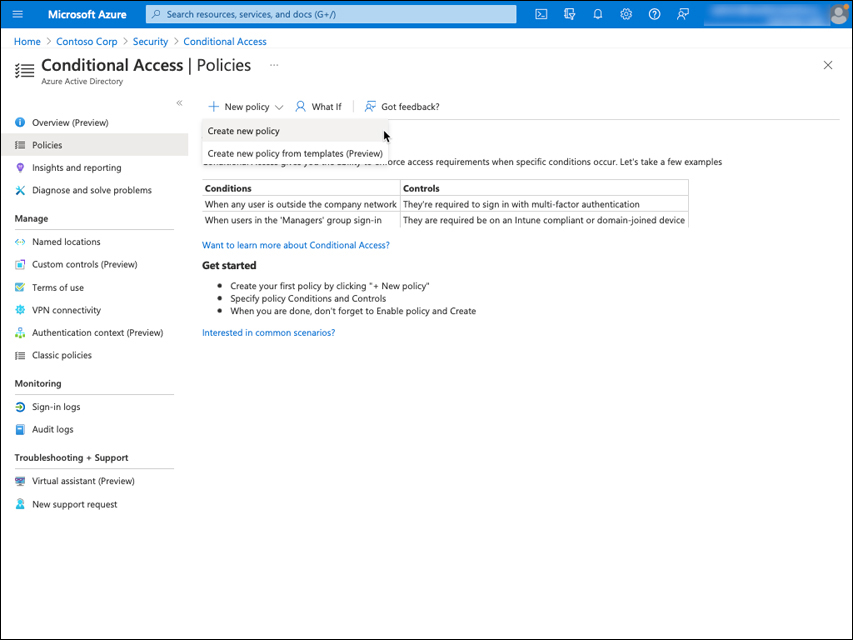 A screenshot shows creating a new conditional access policy.