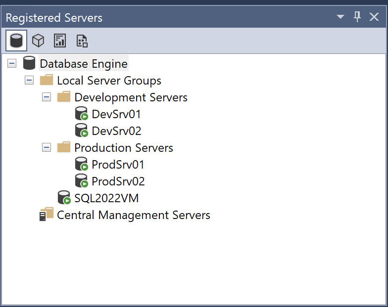 A screenshot of the Registered Servers window is shown. The nodes for Database Engine and Local Server Groups are expanded. There are two server groups with two databases each followed by a single database not in a group.