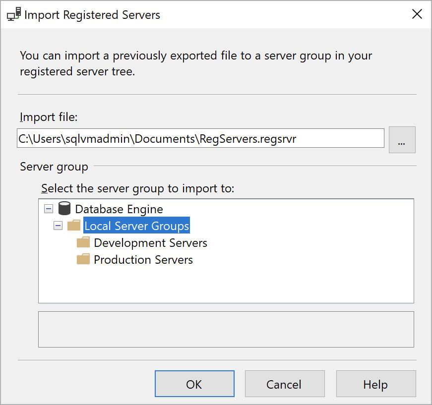 A screenshot of the SSMS Import Registered Servers wizard shows a .regsrvr file selected. The Local Server Groups node is specified as the server group to import to.
