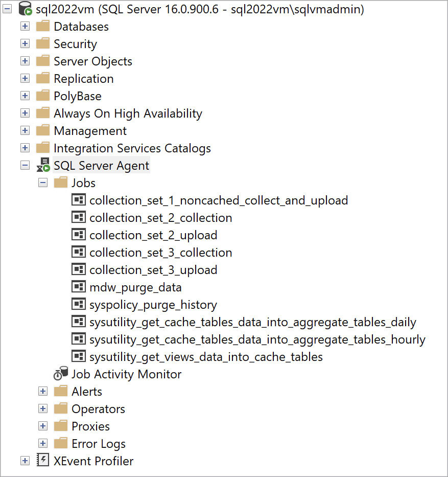 A screenshot of the SSMS Object Explorer window shows the SQL Server Agent node expanded to display the Jobs node and the Job Activity Monitor. There are 10 jobs listed.