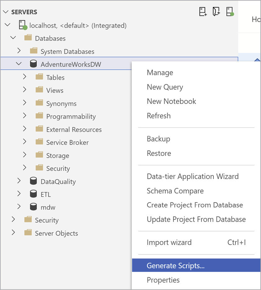 A screenshot of the Object Explorer view shows a connection to a SQL Server with a database named AdventureWorksDW selected. The database context menu has been opened by right-clicking on the database, and the Generate Scripts option is highlighted.
