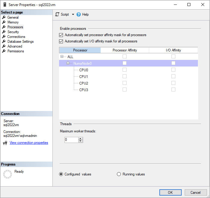 A screenshot showing the Server Properties dialog box in SQL Server Management Studio. The Processors page is selected. The checkboxes for “Automatically set processor affinity mask for all processors” and “Automatically set I/O affinity mask for all processors” are both checked.