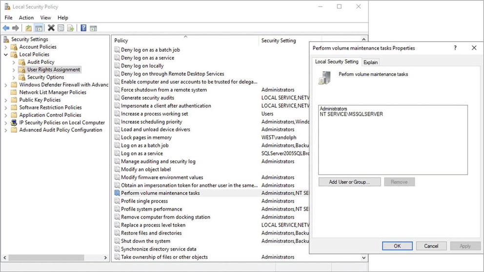 This screenshot shows the Windows Local Security Policy setup page. The Perform volume maintenance tasks item is selected. An entry has been added for an Active Directory account for the SQL Server service.