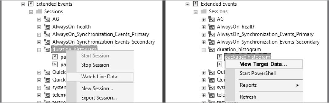 A side-by-side look at the difference between right-clicking on the Extended Events session in SSMS and highlighting the option for Watch Live Data, and right-clicking on the Extended Events session’s target, and highlighting the option to View Target Data.