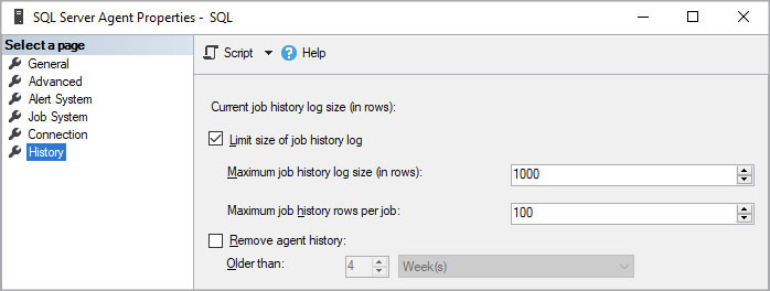 "Current job history log size (in rows)" is the header. The "Limit size of job history log" check box is selected. "Maximum job history log size (in rows)" is set to 1000. "Maximum job history rows per job" is set to 100. The "Remove agent history" check box is not selected. "Older than 4 weeks" is grayed out.