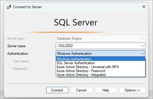 This screenshot shows the Connect to Server dialog box from SQL Server Management Studio (SSMS). It is logging into a fictitious local named instance, .SQL2022, and shows the dropdown list of Authentication types: Windows Authentication, SQL Server Authentication, Azure Active Directory - Universal with MFA, Azure Active Directory - Password, and Azure Active Directory - Integrated.