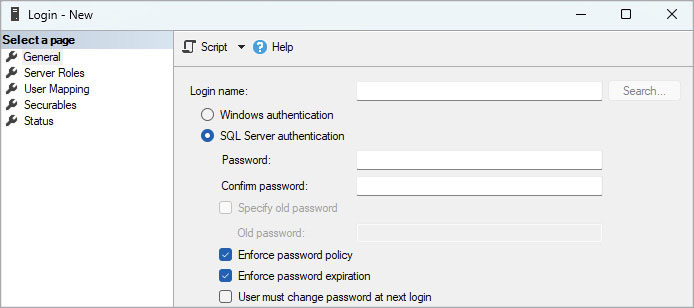 The figure shows part of the dialog box for creating a new login in SSMS. There are radio buttons to choose Windows authentication or SQL Server authentication, and if you choose the latter, a place to enter the password, confirm the password, and enforce the password policy. On the left are the pages in the process including General (the current page), Server Roles, User Mapping, Securables, and Status.