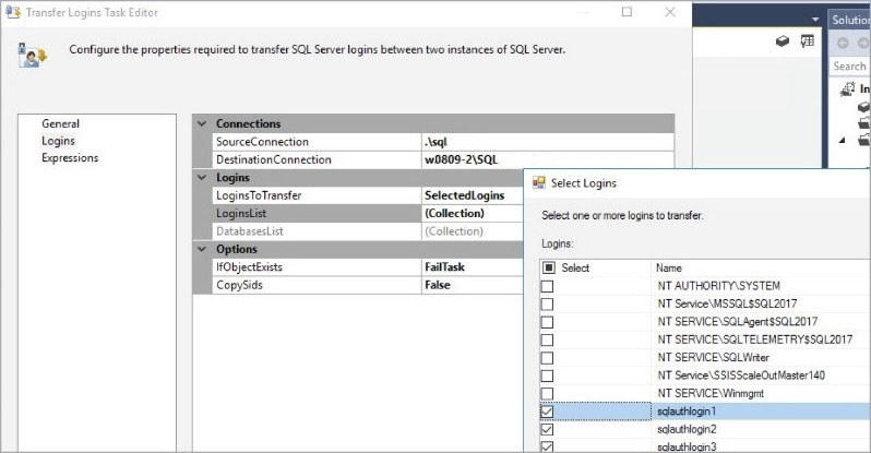 This figure shows the Transfer Logins Task Editor, in the Logins page of the dialog. There are blanks for SourceConnection, DestinationConnection (both filled in with fictitious servers). There is a dialog box open that contains several fictitious logins to transfer that are selected. Other service accounts are not.