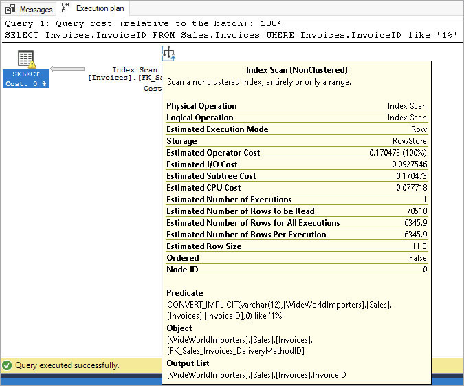 A screenshot of the same graphical execution plan, showing the details of the Index Scan operator. A large number of statistics related to the operator are shown, including Physical Operation, Logical Operation, Estimated Execution Mode, Storage, Estimated Operator Cost, Estimated Number of Rows Per Execution, and so on.