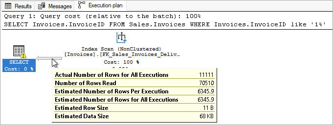 A screenshot of a simple graphical execution plans, hovering over the pipe to the left of the Index Scan operator, to reveal the popup information box starting with Actual Number of Rows = 11111.